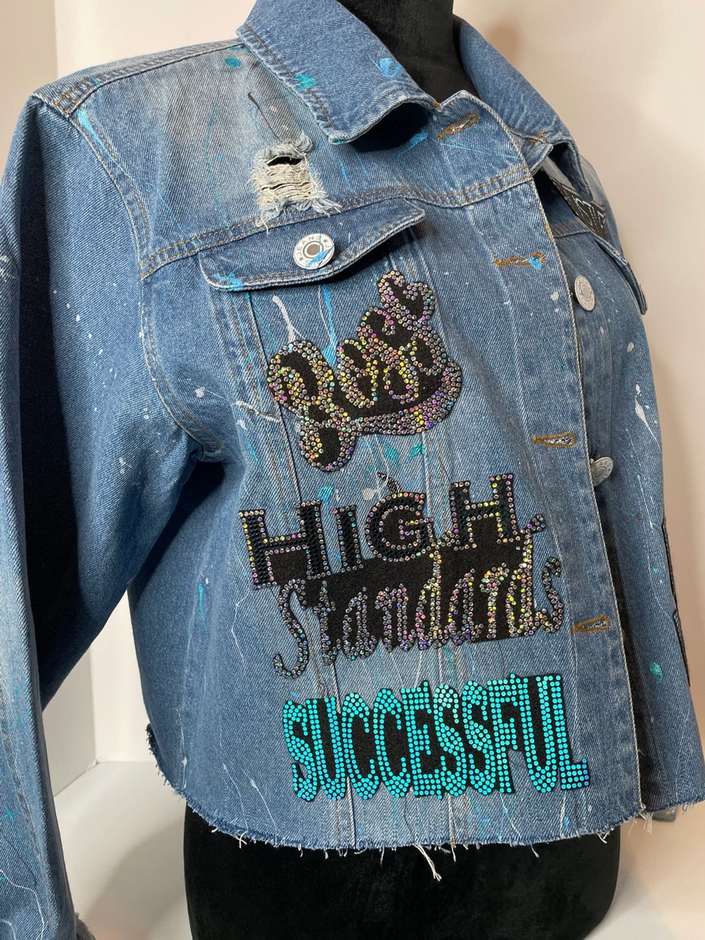 Denim Embellished Cropped Jacket - Blue - Picture 2 of 4